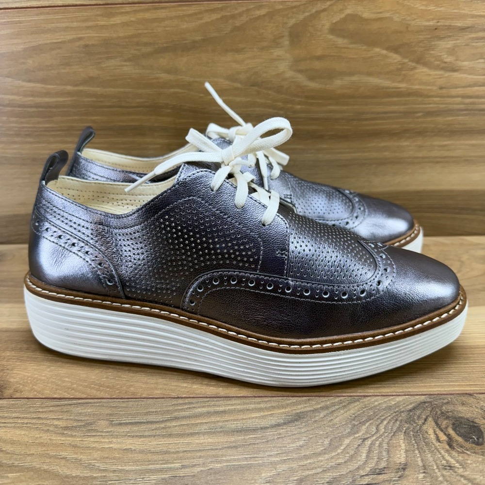 Cole Haan Original Grand Wingtip Oxford Womens 8 B Wedge Chunky Pewter Leather